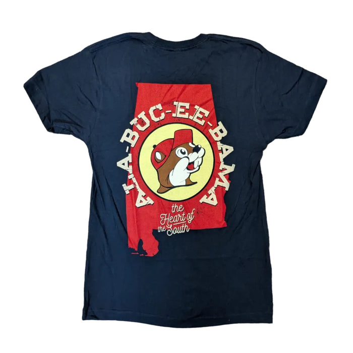 Back view of a navy blue Buc-ee's Alabucceebama t-shirt laid flat, featuring a large graphic of a red Alabama state map outline with the words "Ala-Buc-ee-Bama" circling a beaver logo, above white cursive text reading "the Heart of the South."