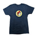 Front view of a Buc-ee's Alabucceebama navy blue short-sleeve t-shirt laid flat on a white surface, featuring a small, circular yellow Buc-ee's logo on the center chest containing a cartoon beaver mascot wearing a red hat.