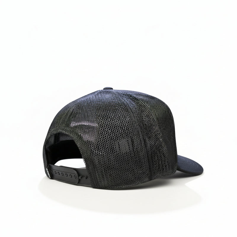 Back view of a gray Buc-ee’s trucker hat showing the mesh material and adjustable snapback closure, displayed on a white surface.