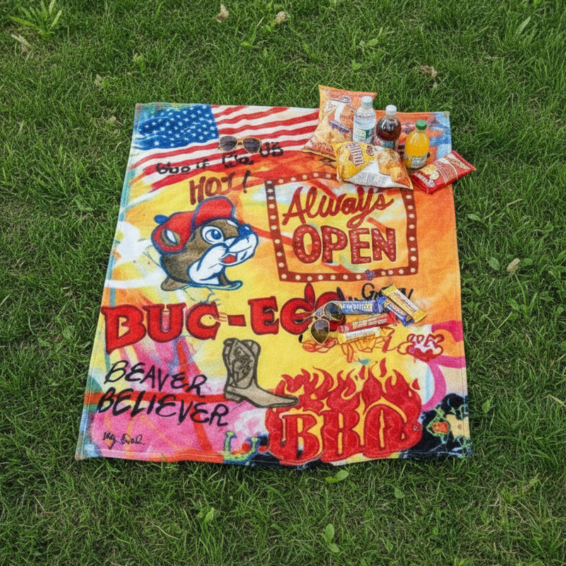 Buc-ee’s “Always Open” plush blanket with colorful collage-style design, Buc-ee the Beaver graphics, and bold text, laid flat on grass.