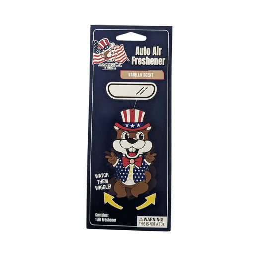 Buc-ee's America 250 patriotic auto air freshener in packaging, featuring a cartoon beaver dressed as Uncle Sam in a red, white, and blue hat and star-patterned jacket with 'Watch Them Wiggle!' text.