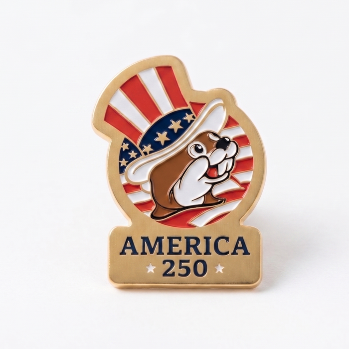 Pin with American-themed design featuring a dog wearing a top hat with stars and stripes on a white background.