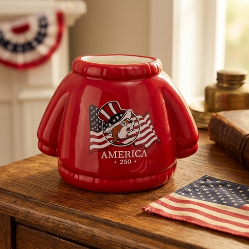 A lifestyle photograph shows a red, sweater-shaped Buc-ee's candle on a wooden side table, featuring the beaver mascot in an Uncle Sam hat and the text "AMERICA 250." It sits next to an antique book and a small American flag cloth. In the softly blurred background, a fireplace mantle is decorated with a framed family photo and red, white, and blue patriotic bunting.