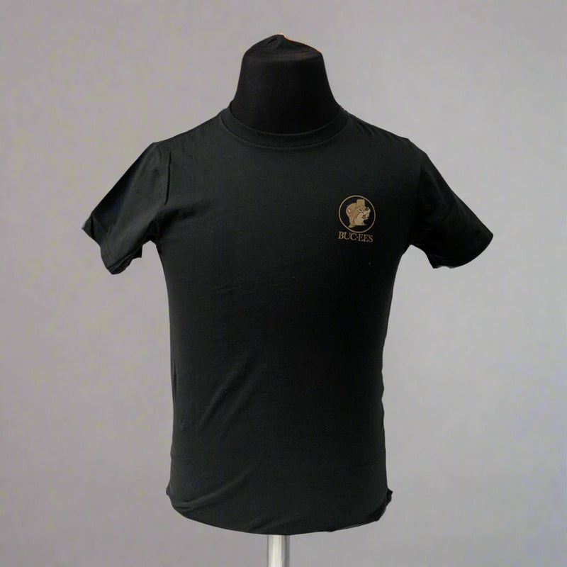 Front view of a black short sleeve Buc-ee’s t-shirt with a small bronze Buc-ee’s logo on the left chest.