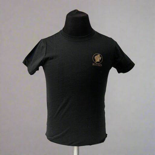 Front view of a black short sleeve Buc-ee’s t-shirt with a small bronze Buc-ee’s logo on the left chest.