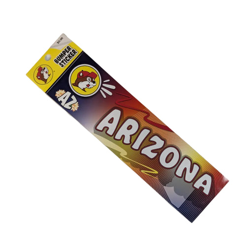 A rectangular Buc-ee's Arizona bumper sticker on a white background. It features a purple-to-orange sunset gradient with the round Buc-ee's beaver logo, an "AZ" graphic, and the word "ARIZONA" written in bold white letters.