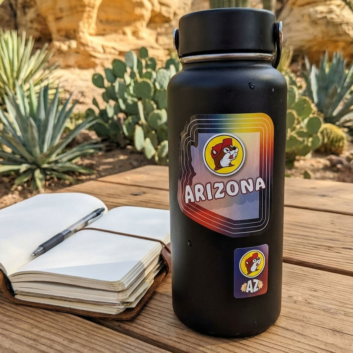A black water bottle sitting on a wooden picnic table outdoors in a desert landscape. The water bottle features two stickers: a large one shaped like the state of Arizona with a sunset gradient and the Buc-ee's logo, and a smaller rectangular "AZ" sticker below it. An open notebook with a pen rests on the table next to the bottle.