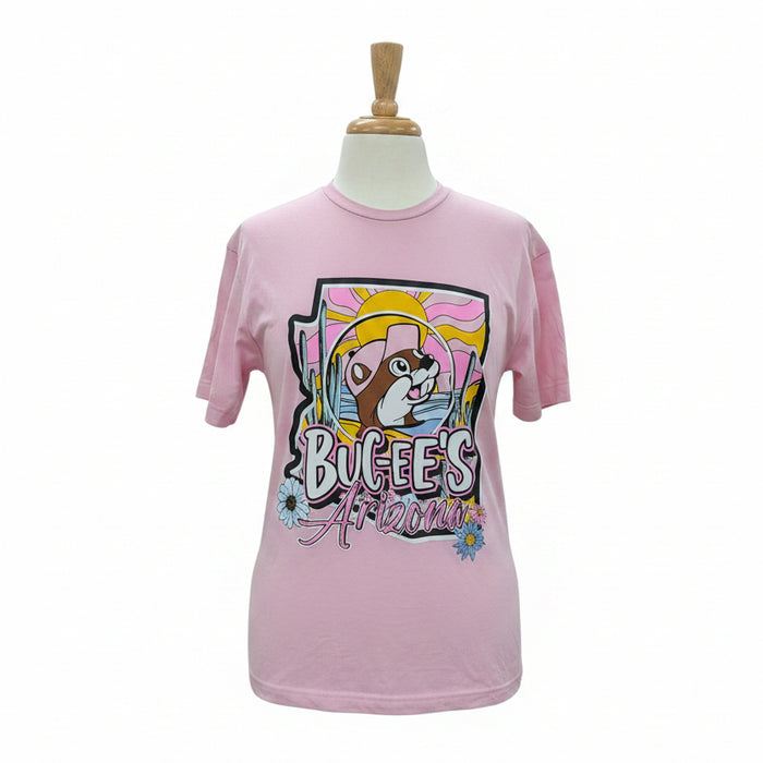 Pink t-shirt with Bucee's logo on a mannequin against a white background