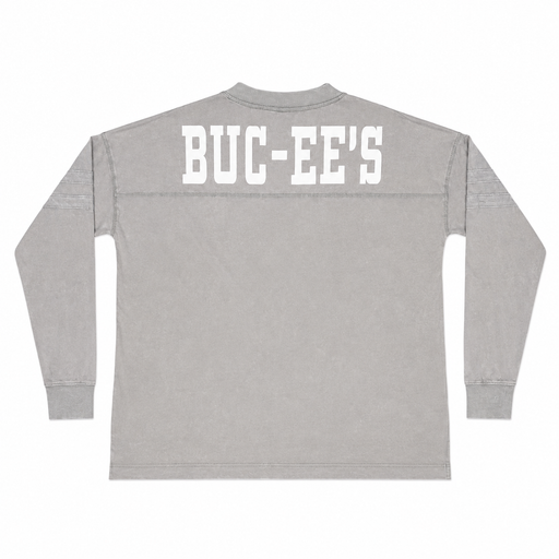 Ash gray Buc-ee's tunic laid flat, back view with large white "Buc-ee's" lettering