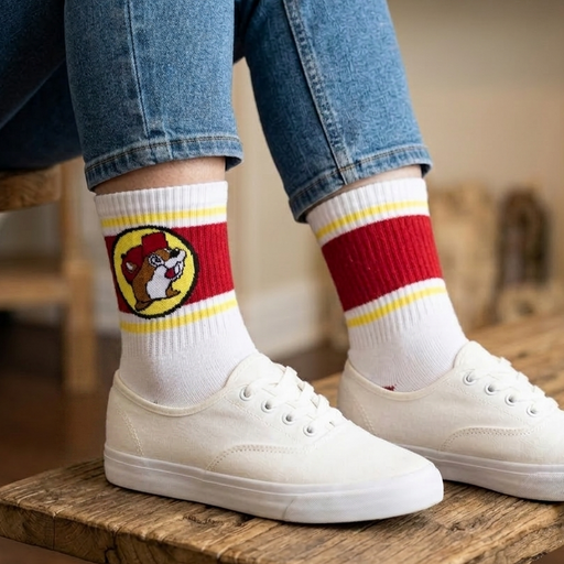A close-up shot of a person sitting on a rustic wooden bench wearing blue jeans, Buc-ee's white classic athletic sport crew socks, and low-top white canvas sneakers. The sock on the foreground leg features a wide red band bordered by yellow stripes with a round Buc-ee's beaver logo in the center. The sock on the background leg has the same red and yellow stripe design without the logo.