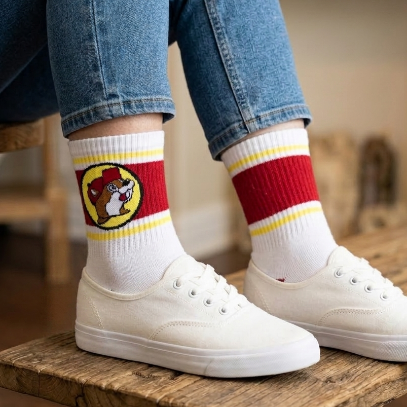 A close-up shot of a person sitting on a rustic wooden bench wearing blue jeans, Buc-ee's white classic athletic sport crew socks, and low-top white canvas sneakers. The sock on the foreground leg features a wide red band bordered by yellow stripes with a round Buc-ee's beaver logo in the center. The sock on the background leg has the same red and yellow stripe design without the logo.