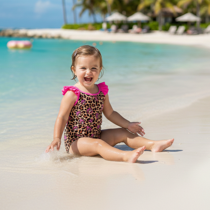A toddler sitting in the sand at the beach wearing a Buc-ee's Leopard print one-piece swimsuit with pink ruffled sleeves. A pink Buc-ee beaver logo scattered throughout the leopard print.
