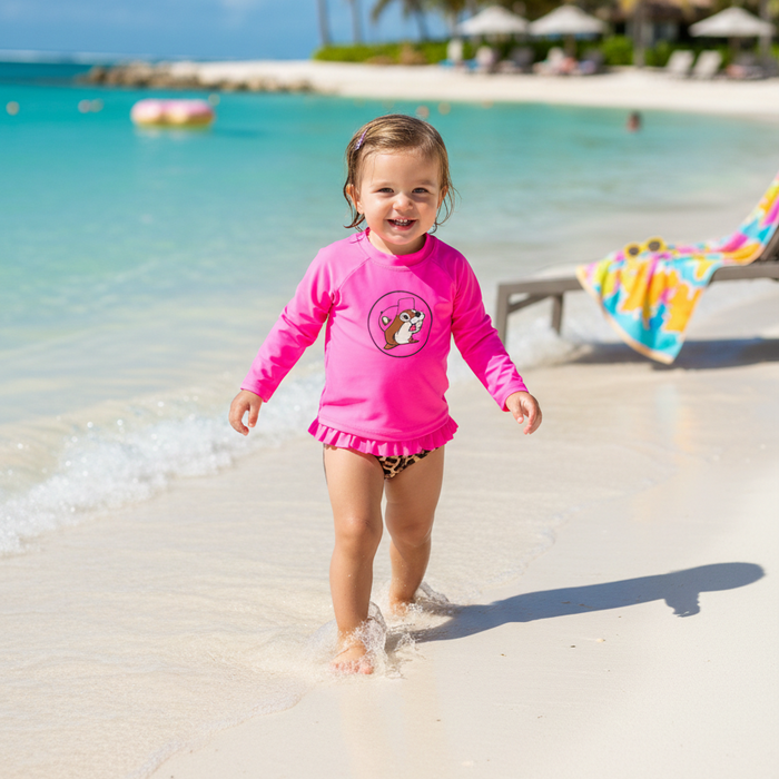 A picture of a toddler girl wearing the Buc-ee's Leopard Swim Set. A pink long-sleeve rash guard with the Buc-ee beaver logo and matching leopard print bikini bottoms with a pink ruffled waistband. The ocean and a beach chair with a towel on it are blurred in the background.