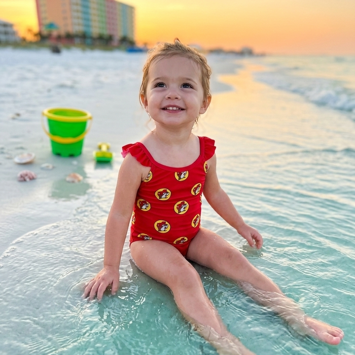 A happy toddler girl sits in the shallow, turquoise ocean water on a white sand beach at sunset. She is wearing a Buc-ee's Red Logo one-piece swimsuit with ruffle details on the shoulder straps. The swimsuit is covered in a dense, repeating pattern of the yellow and red Buc-ee’s beaver logo. In the background, there is a blurred colorful beach bucket, a small matching yellow toy shovel, a few scattered seashells, and a large, colorful beach resort building under a warm, golden-orange sky.