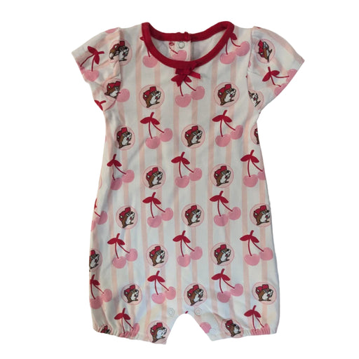 An infant Buc-ee’s bubble romper with pink and white stripes, cherry and beaver print, red trim, and snap closures at the neck and bottom. Displayed on a white background.