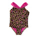 A girls' one-piece swimsuit featuring an all-over brown and black leopard print pattern. The print is interspersed with small circular icons of the Buc-ee's beaver mascot wearing a pink hat. The swimsuit features vibrant pink ruffled fabric straps that cross in the back and a matching pink interior lining, swimsuit displayed on a clean white background.