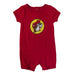A flat-lay view of a bright red short-sleeve baby romper on a white background. The center of the chest features the yellow circular Buc-ee's beaver logo. The romper has snap closures at the bottom and snaps at the collar.