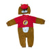 A two-piece Buc-ee's themed infant outfit laid flat on a white background. The set includes a brown and red long-sleeved fleece bodysuit featuring the Buc-ee's beaver logo on the chest and a white belly patch. Accompanying it is a matching brown fleece beanie designed to look like the beaver's face, complete with a small red brim and soft ears on top.