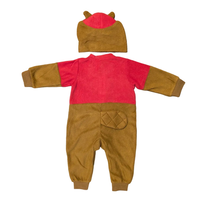 Back view of a Buc-ee's baby union suit on a white background. The two-piece fleece pajama set features a suit with solid red upper back and brown lower legs. A notable detail is the quilted brown beaver tail attached to the back of the waist. There is a matching beanie pictured above the suit. It features a red cap and beaver ears.