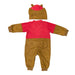 Back view of a Buc-ee's baby union suit on a white background. The two-piece fleece pajama set features a suit with solid red upper back and brown lower legs. A notable detail is the quilted brown beaver tail attached to the back of the waist. There is a matching beanie pictured above the suit. It features a red cap and beaver ears.