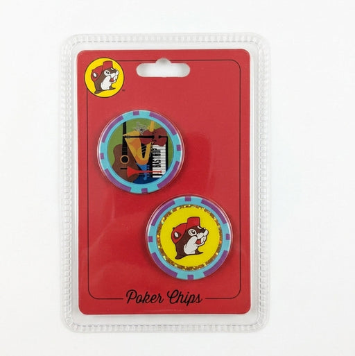 Buc-ee's Bastrop Poker Chips on white background. 