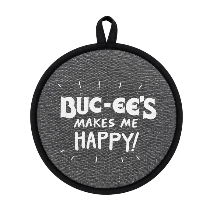 Round gray Buc-ee’s heat-resistant hot pad with black trim featuring the phrase “Buc-ee’s Makes Me Happy!” in white lettering and a hanging loop at the top. Displayed on a clean white background.
