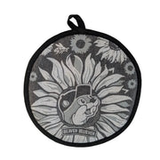Round gray Buc-ee’s heat-resistant hot pad with black trim featuring a sunflower-themed Beaver Believer design with the Buc-ee’s mascot in the center and a hanging loop at the top. Displayed on a clean white background.