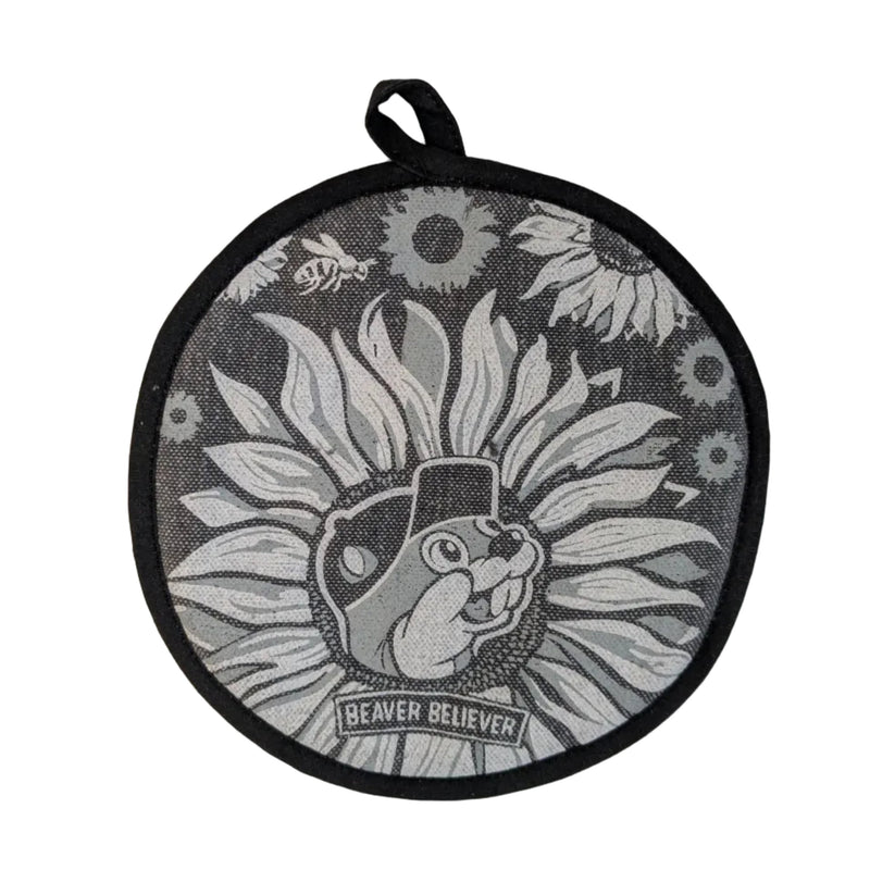Round gray Buc-ee’s heat-resistant hot pad with black trim featuring a sunflower-themed Beaver Believer design with the Buc-ee’s mascot in the center and a hanging loop at the top. Displayed on a clean white background.