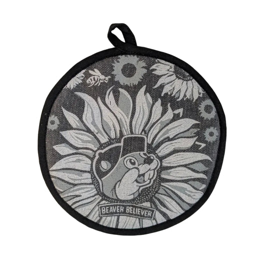 Round gray Buc-ee’s heat-resistant hot pad with black trim featuring a sunflower-themed Beaver Believer design with the Buc-ee’s mascot in the center and a hanging loop at the top. Displayed on a clean white background.