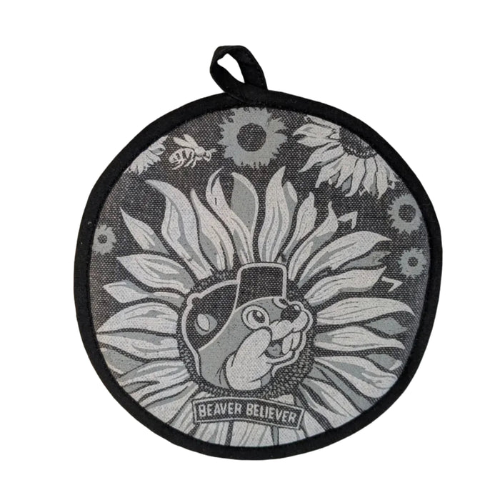 Round gray Buc-ee’s heat-resistant hot pad with black trim featuring a sunflower-themed Beaver Believer design with the Buc-ee’s mascot in the center and a hanging loop at the top. Displayed on a clean white background.