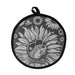 Round gray Buc-ee’s heat-resistant hot pad with black trim featuring a sunflower-themed Beaver Believer design with the Buc-ee’s mascot in the center and a hanging loop at the top. Displayed on a clean white background.