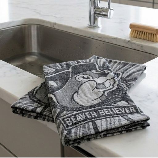 A black and white Buc-ee’s kitchen towel featuring a the Buc-ee beaver wearing a hat, with the words "BEAVER BELIEVER" printed on a banner across the bottom. The towel is folded and casually laid on a white marble kitchen island countertop next to a stainless steel under-mount sink. A modern chrome faucet, a small wooden scrub brush, are visible in the background.