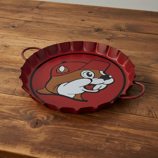 This large red metal bottle cap tray features the beaver logo and handles — perfect for parties, snacks, and décor.