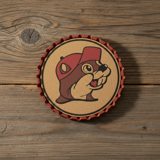 Buc-ee’s Beaver Metal Bottle Cap Coaster — featuring a cork center, bold red metal edge, and the famous Buc-ee’s beaver logo. Perfect for home bars and Buc-ee’s fans!