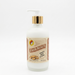 A square product shot of an 8 oz frosted glass pump bottle of Buc-ee's Beaver Nuggets Hand & Body Lotion, featuring a gold neck collar and a white pump nozzle pointing to the left, isolated against a seamless, solid white background.