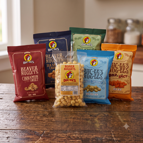 A group of Buc-ee's Nugget's snack bags arranged on a rustic wooden table in a kitchen setting. The bags include cinnamon sweet, sea salt, white cheddar, and bold & spicy flavors, with the original beaver nuggets bag of plain nuggets in a clear plastic container in front.