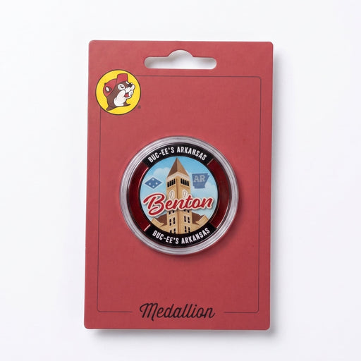 A circular metal medallion featuring a vintage-style Boston tower and the text 'Boston' and 'Big-It's Beautiful,' mounted on a red retail card with a hanging tab and the word 'Medallion' at the bottom.