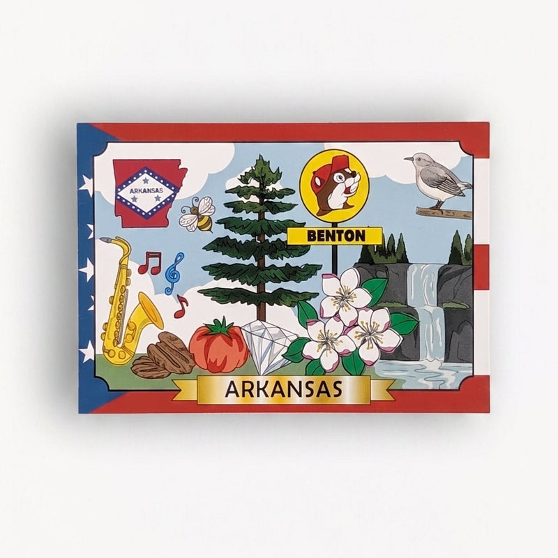 A rectangular printed card or poster featuring an Arkansas-themed illustrated design with the word ARKANSAS vertically on the right, surrounded by red border elements and a multicolored central scene with trees, flowers, a bird, and sports motifs.