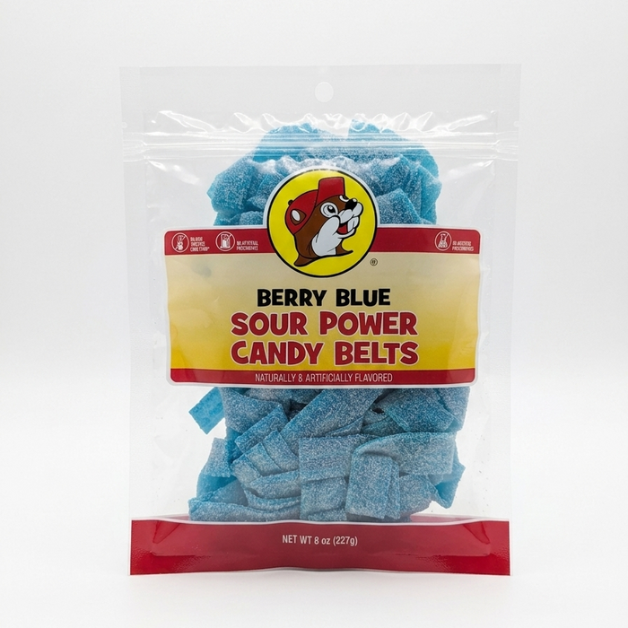 A photograph of Buc-ee’s Berry Blue Sour Power Candy Belts. The clear, resealable 8 oz (227g) pouch is centered against a seamless, bright white background. The label features the signature yellow circle with the Buc-ee's beaver mascot, followed by the text "BERRY BLUE SOUR POWER CANDY BELTS" in bold black and red lettering. Inside the bag, vibrant blue, flat candy belts are visible, heavily dusted with a white sour sugar coating. The bottom of the bag is accented with a solid red  stripe.
