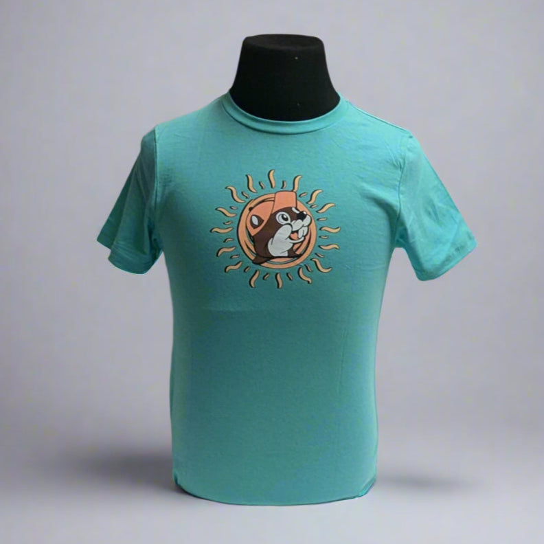 Buc-ee's Best Days Shirt. Teal color with a Buc-ee's logo sun on the front. With the back saying "The Best Day are Buc-ee's Days" 