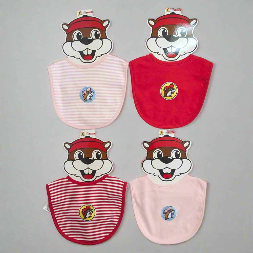 Buc-ee's Bibs. 2 striped designs with 1 red and 1 pink. Also 2 plain red and pink designs all with the Buc-ee's logo on them.