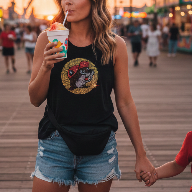 A woman stands on a crowded beach boardwalk at sunset, holding a child's hand and a colorful snow cone. She is wearing a black Buc-ee’s bling tank featuring a shimmering rhinestone beaver logo and light-wash denim shorts. A solid black fanny pack is worn around her waist. In the background, a large Ferris wheel, palm trees, and the warm glow of the setting sun create a festive summer atmosphere.