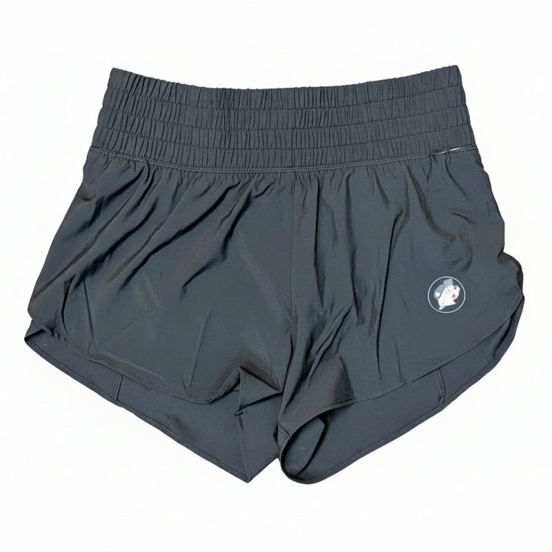 Buc-ee’s women’s black high-waist performance shorts with elastic waistband, fuchsia accents, and Buc-ee’s beaver logo displayed on a neutral background