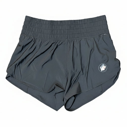 Buc-ee’s women’s black high-waist performance shorts with elastic waistband, fuchsia accents, and Buc-ee’s beaver logo displayed on a neutral background