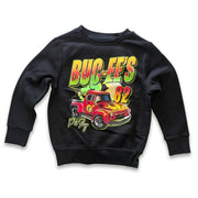 Buc-ee's Black Hot Rod Fleece Crew white background.