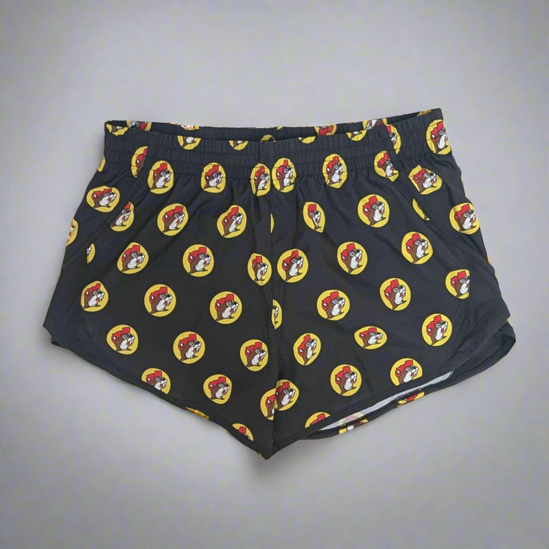 Buc-ee's Black Logo Track Shorts. With Buc-ee's logos all over it. 