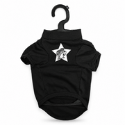 Black pet shirt on a hanger with a small white star and Buc-ee the Beaver graphic, front view on white