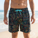 Person wearing colorful patterned shorts on a beach