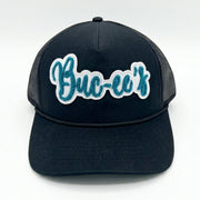 Buc-ee’s Black Trucker Hat with Teal Script Logo white background. 