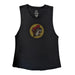 A top-down view of a black sleeveless muscle style tank  laid flat on a white surface. The center of the chest features a large, circular Buc-ee’s logo made of shimmering red, yellow, and white rhinestones. The tank has a classic crew neck and a relaxed, sleeveless cut with the official Buc-ee's brand label visible at the inner neckline.